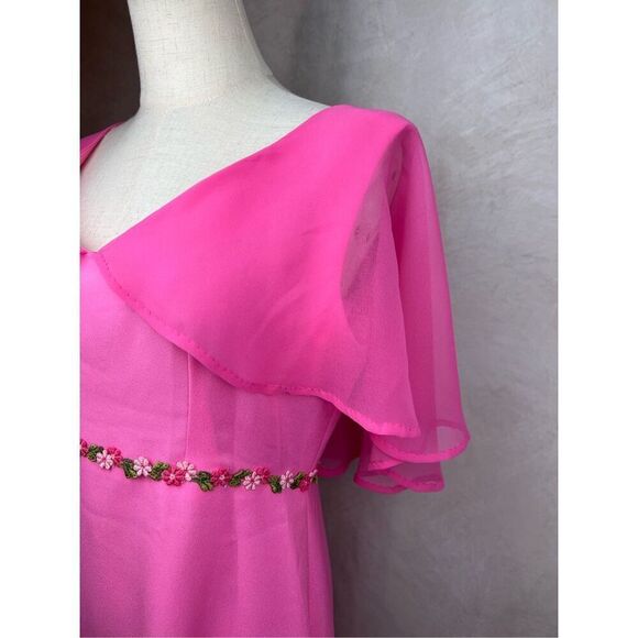 Vintage 1970s Hot Pink Evening Gown Dress Mod MCM Disco Floral Medium Sheer - Picture 3 of 8